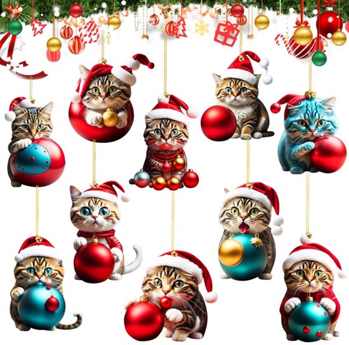10 stuks kerstboom katten hangers schattige acryl kat hangers kerstdecoratie schattige kerstboomversiering kerstversiering cadeau grappig Kerstmis katten ornament (A)