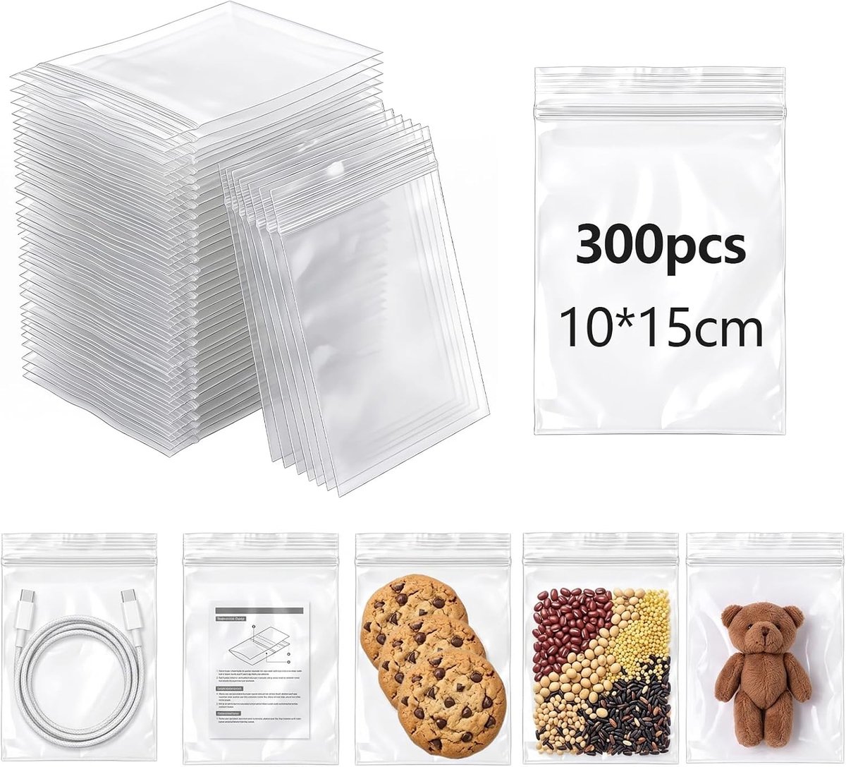 Pack of 300 Bags with Snap Closure Small 10x15cm Small Plastic Bags Transparent Plastic Bags Lockable Small Resealable - ShopVlot
