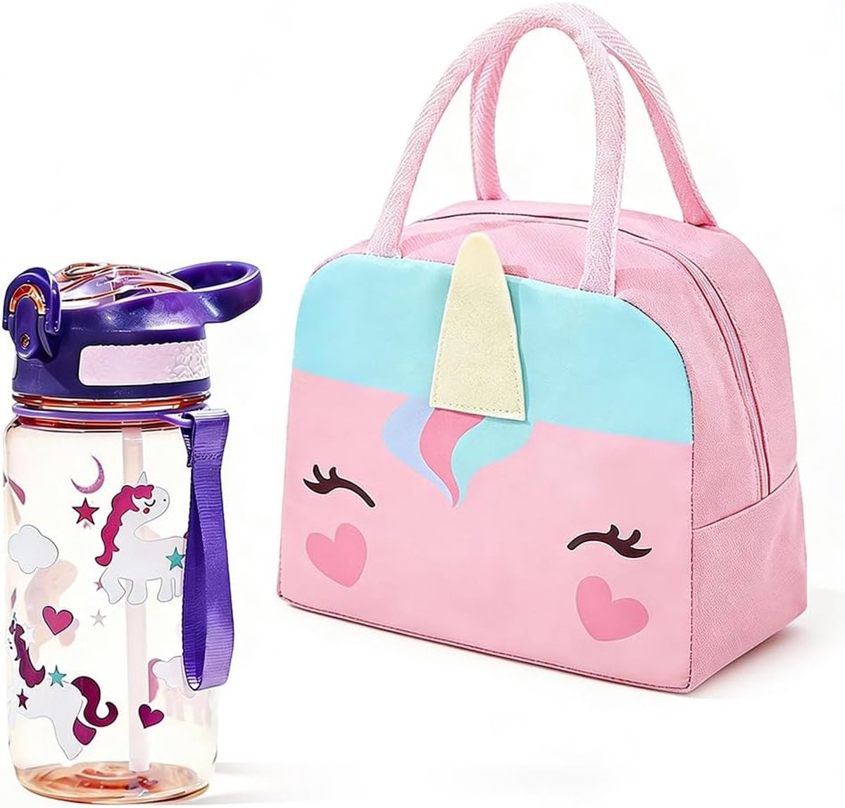 Eenhoorn Lunchtas-set voor meisjes, 3 stuks, geïsoleerde lunchtas en lekbestendige waterfles met rietje, BPA-vrije - ShopVlot