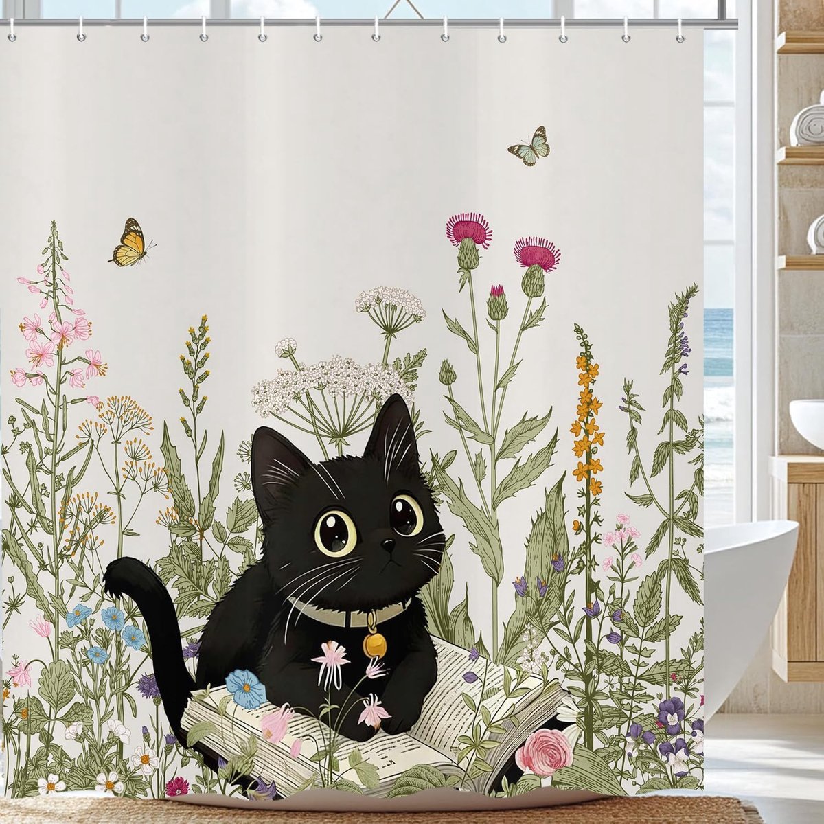Douchegordijn kat schattig - zwart textiel - waterdicht met bloemen en vlinders - wasbaar met 12 haken - ShopVlot
