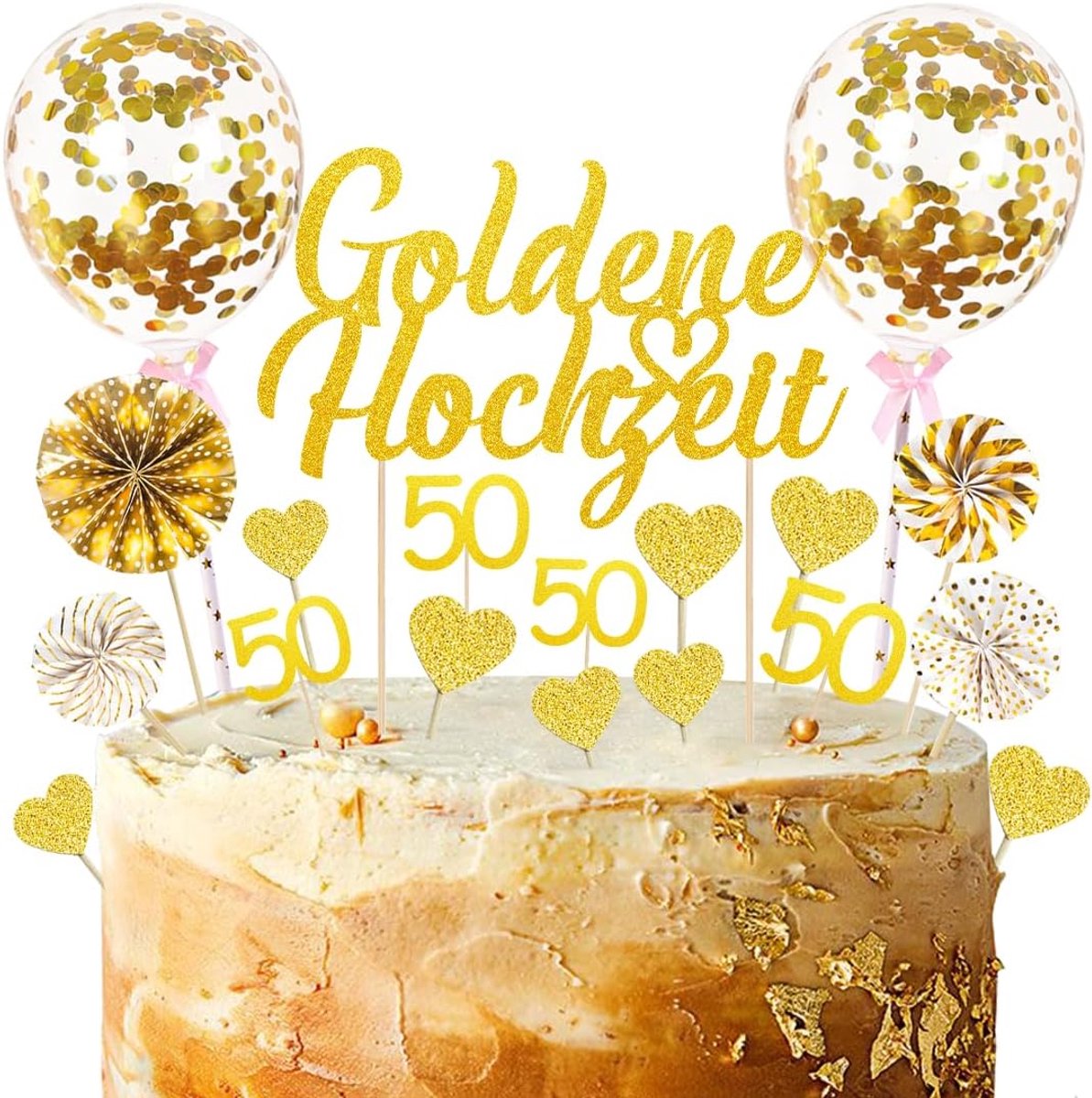 Taartdecoratie goud bruiloft - 5x goud 50 - hartjes en cake toppers - eenvoudig in gebruik - ShopVlot