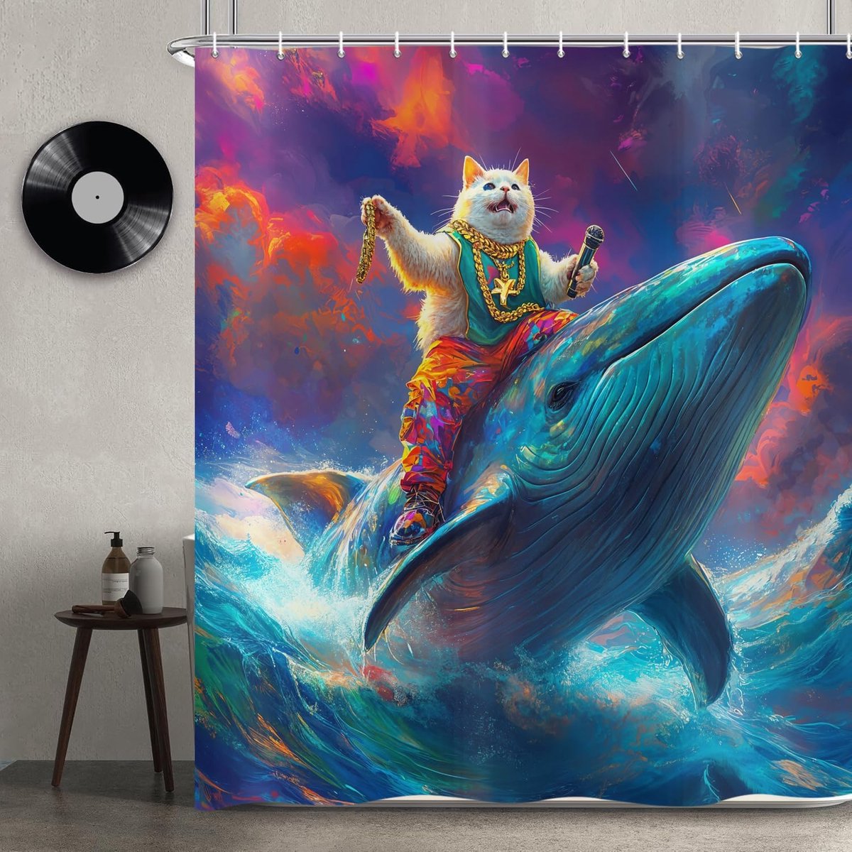 Douchegordijn kat 180x200cm - polyester - grappige rapper kat op walvis - waterproof en wasbaar - ShopVlot