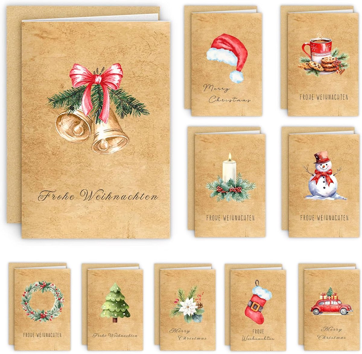 Kerstkaarten set van 20 - A6 vouwkaarten - Waterverf motieven - Perfect voor vrienden en familie - ShopVlot