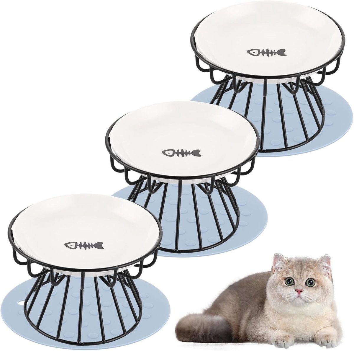Verhoogde Kattenvoerbakjes - Wit - 15 x 2,6 cm - Keramiek met Metalen Standaard en Antislipmat - Voor Honden en Katten