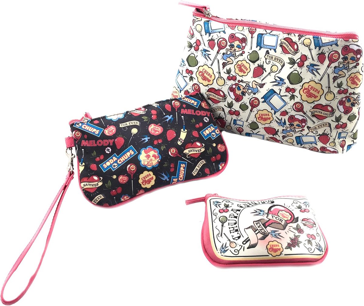 Set of 3 makeup bags with colorful retro/vintage print, Multicolour, cosmetic bag - ShopVlot