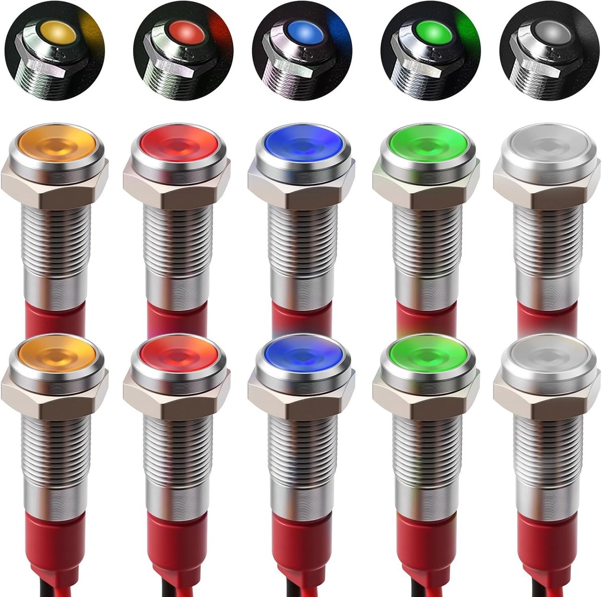 10 x AC/DC 12-24 V 6 mm LED Indicator, Metal, Universal, 2 of Each Colour Red/Green/Yellow/White/Blue, LED Indicator - ShopVlot