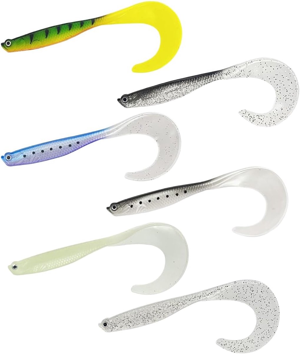 6pcs Rubber Fish with Twister Tail for Pike, with Hook Pockets for Offset Hooks and Stand (12cm, 6g) - ShopVlot