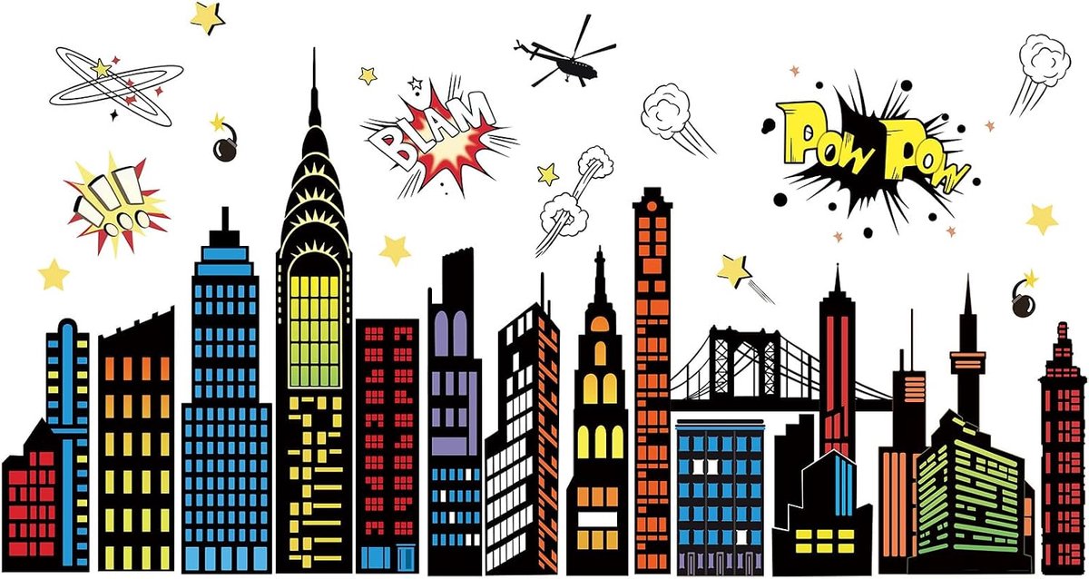 Stad skyline muurstickers kleurrijke held stadsgezicht gebouw nacht silhouet muurstickers pellen en plakken voor - ShopVlot