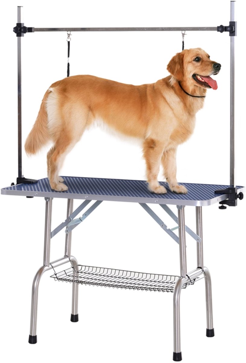DESMIU Trimtafel – Verstelbaar Met Onderkorf En 2 Aanlijnlussen – 107 X 60 X 170 Cm – Metaal – Blauw – Voor Honden En Katten