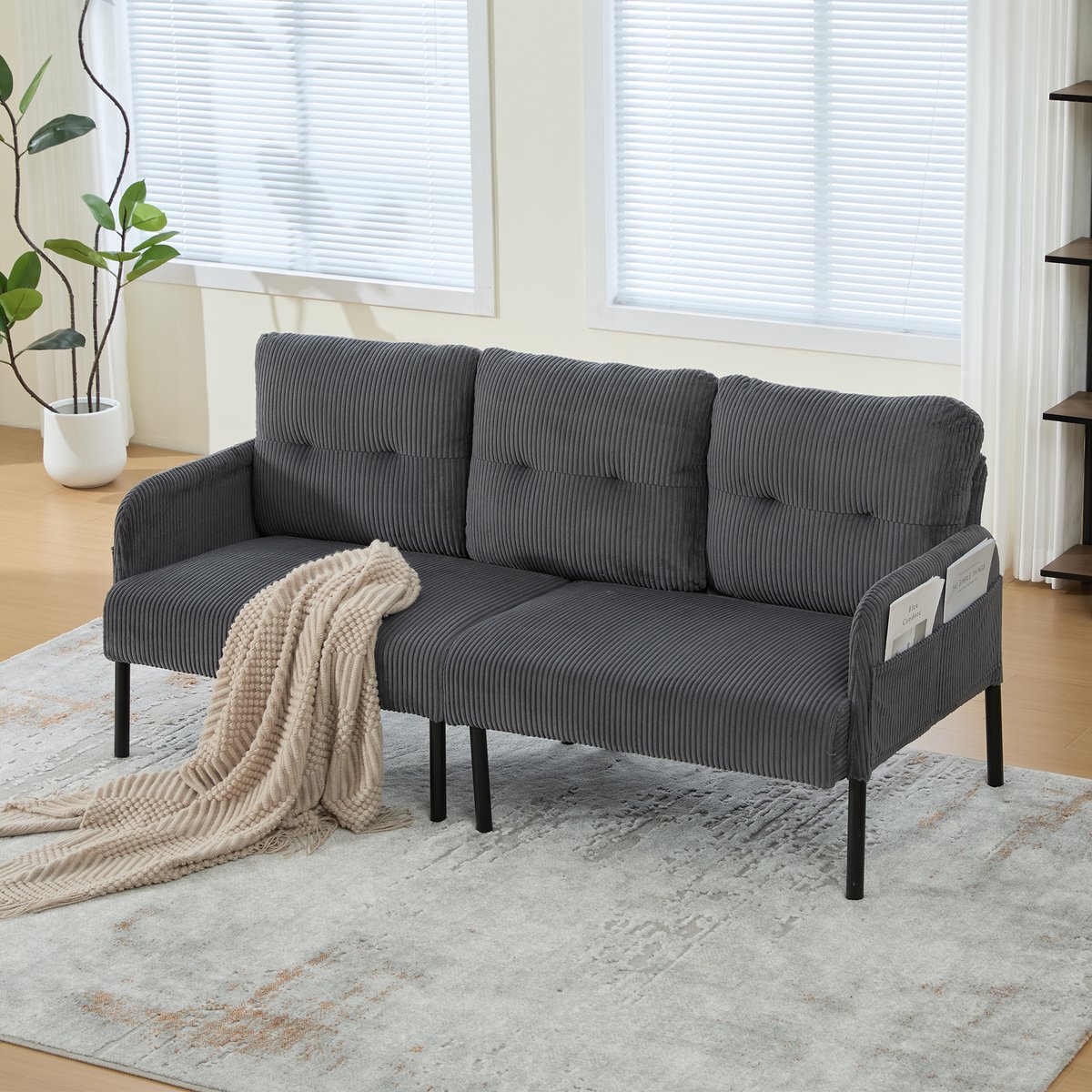 DESMIU 3-Zitsbank - 171 Cm - Zachte Ribstof Met Zijvakken - Voor Woonkamer, Slaapkamer En Werkkamer - Metaal - Grijs