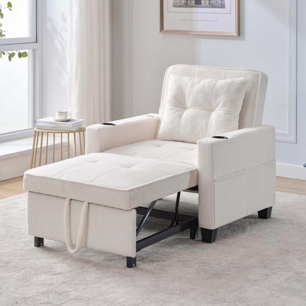 MEUNIQ 3-in-1 slaapbank 1-zits 87 x 74 x 84 cm met verstelbare rugleuning, bekerhouders, USB-aansluiting en opbergtas voor kleine ruimtes Wit