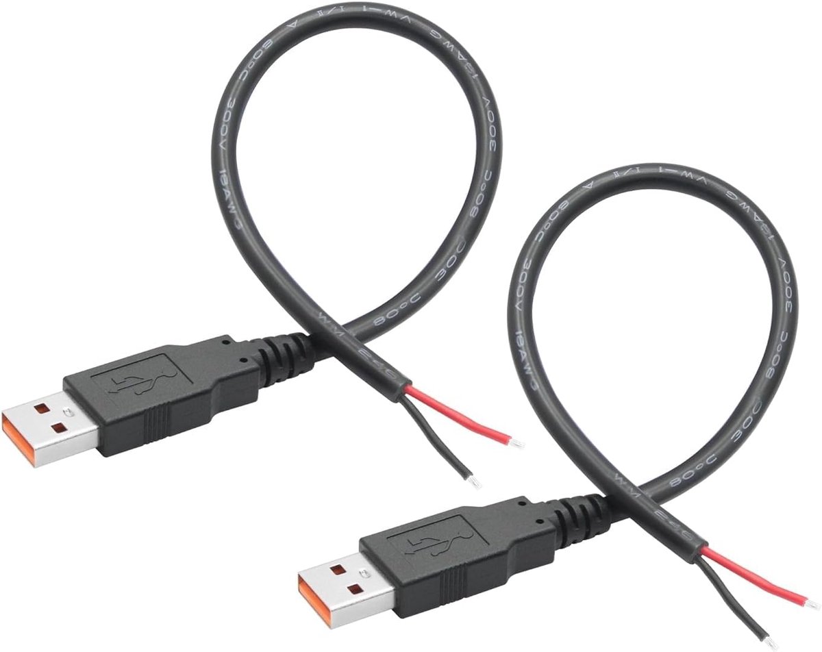 USB Type-A Male Plug Bare Wire Cable, 18AWG 5V 6A USB A Plug to 2 Pin Open End for DIY Devices Repair (2PCS) - ShopVlot