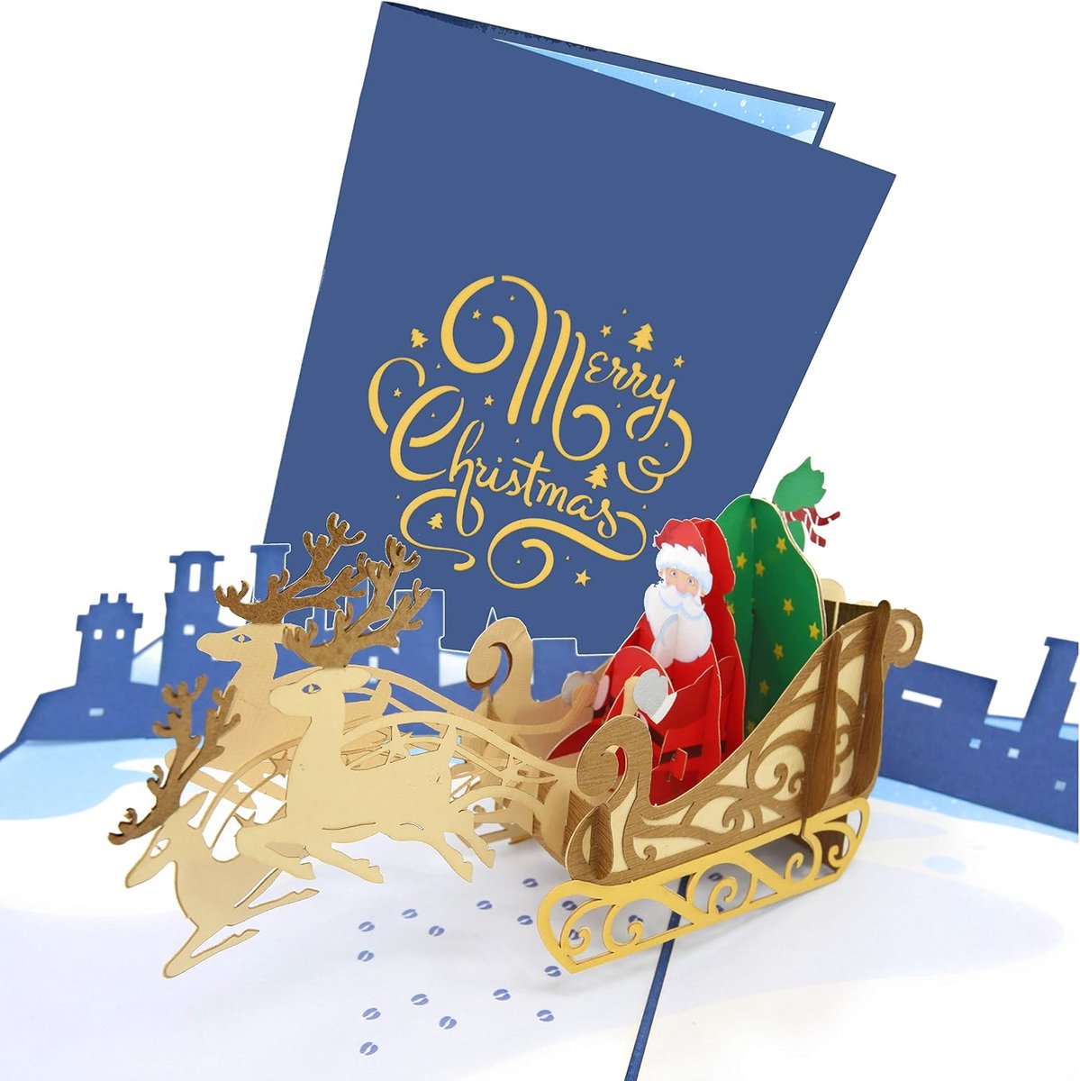 PopLife Santa Claus, Sleigh and Reindeer Christmas Pop Up Card, 3D Holiday Card, Merry Christmas Card - ShopVlot