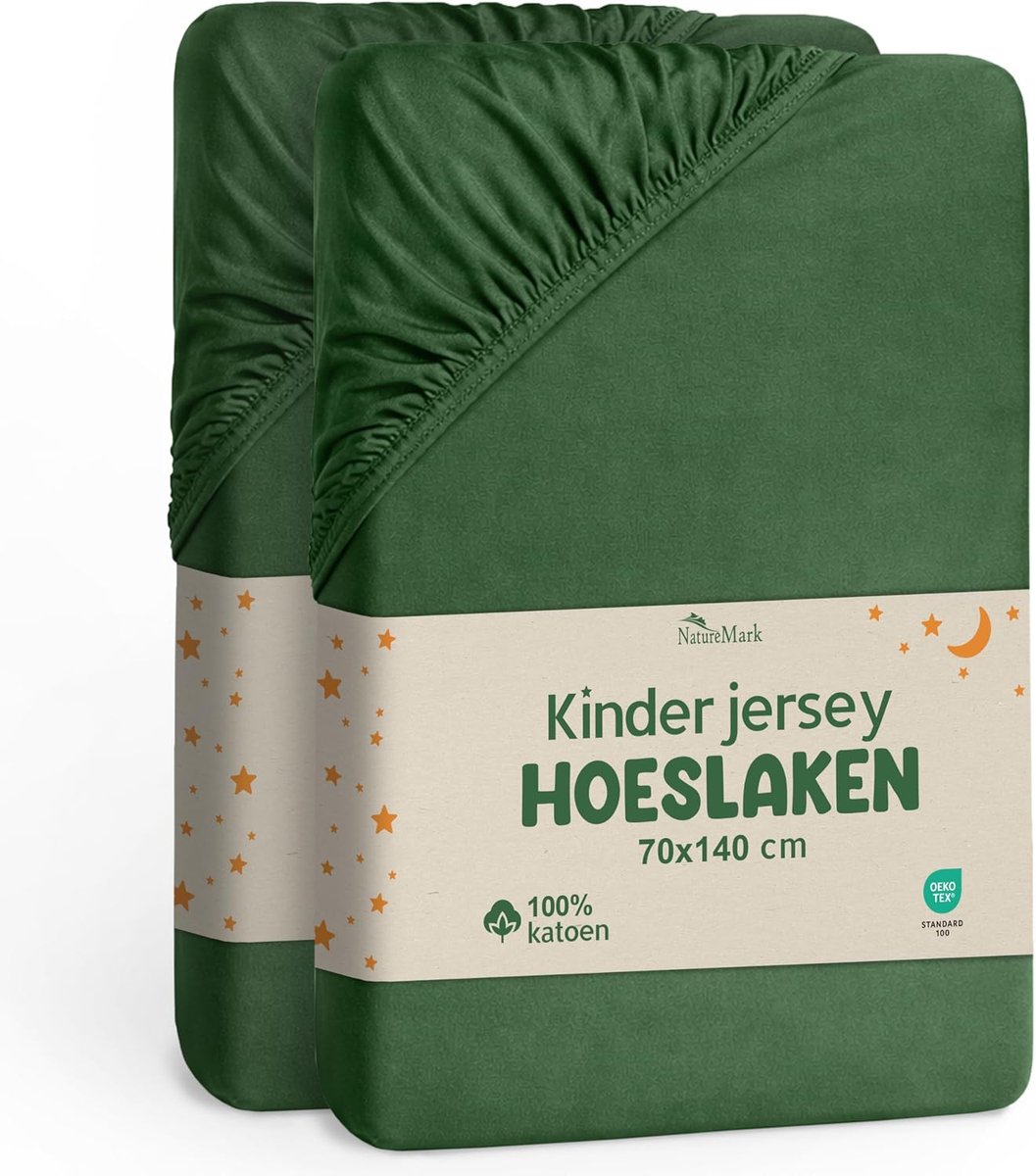 NatureMark Set of 2 Children's Jersey Fitted Sheets 100% Cotton for Cot and Cot 70 x 140 cm, Dark Green - ShopVlot
