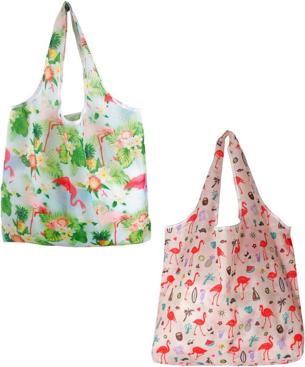 Foldable shopping bag, set of 2 flamingos, reusable and large, made of robust, environmentally friendly and compact - ShopVlot