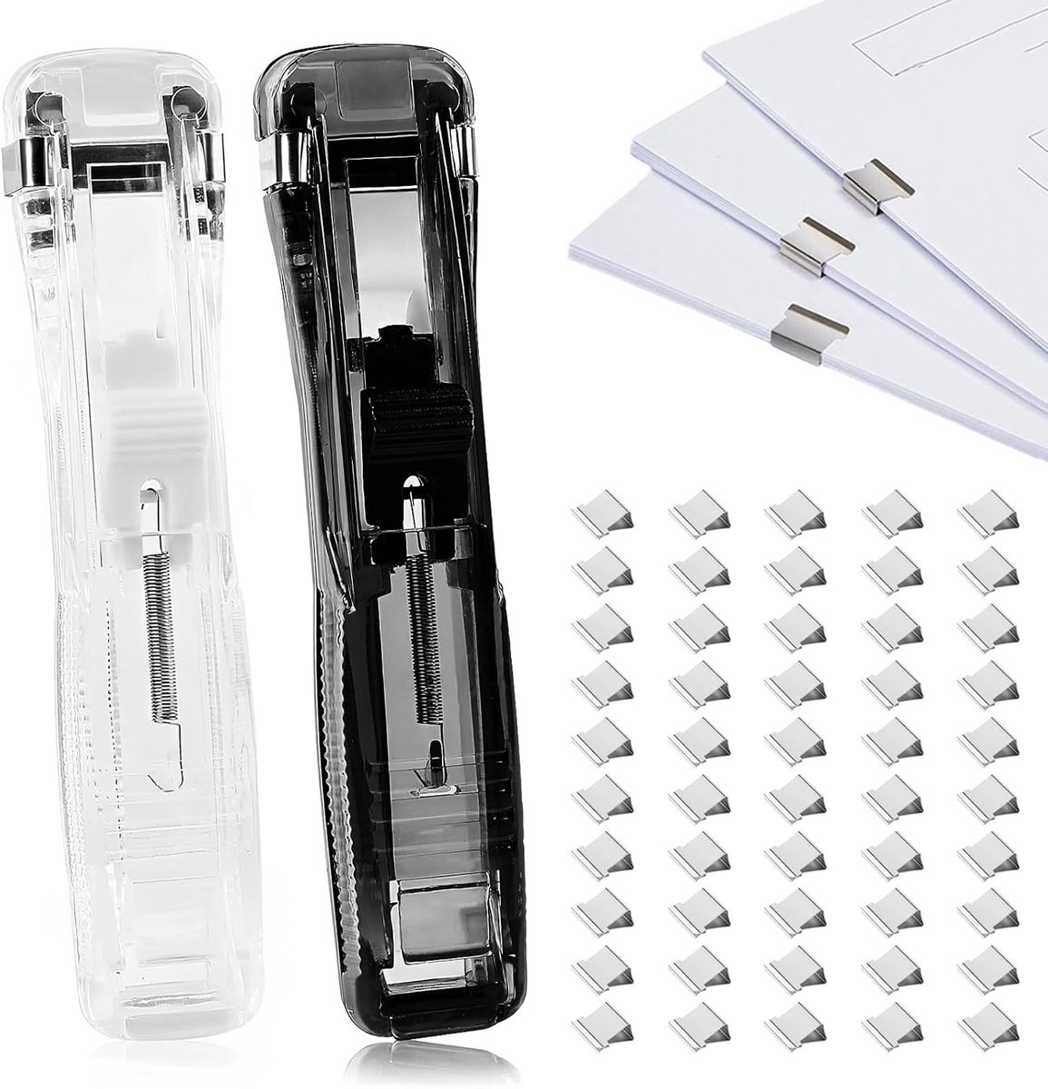 Nietmachine zonder nietjes, 2 stuks met 100 reserveclips, druknietmachine voor kantoor, school en thuis, zwart en - ShopVlot
