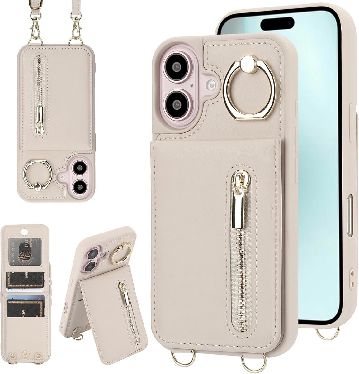 Crossbody Portemonneehoesje voor de iPhone 16 Plus met sleutelkoord kaartsleuf houder RFID-blokkering 360° - ShopVlot