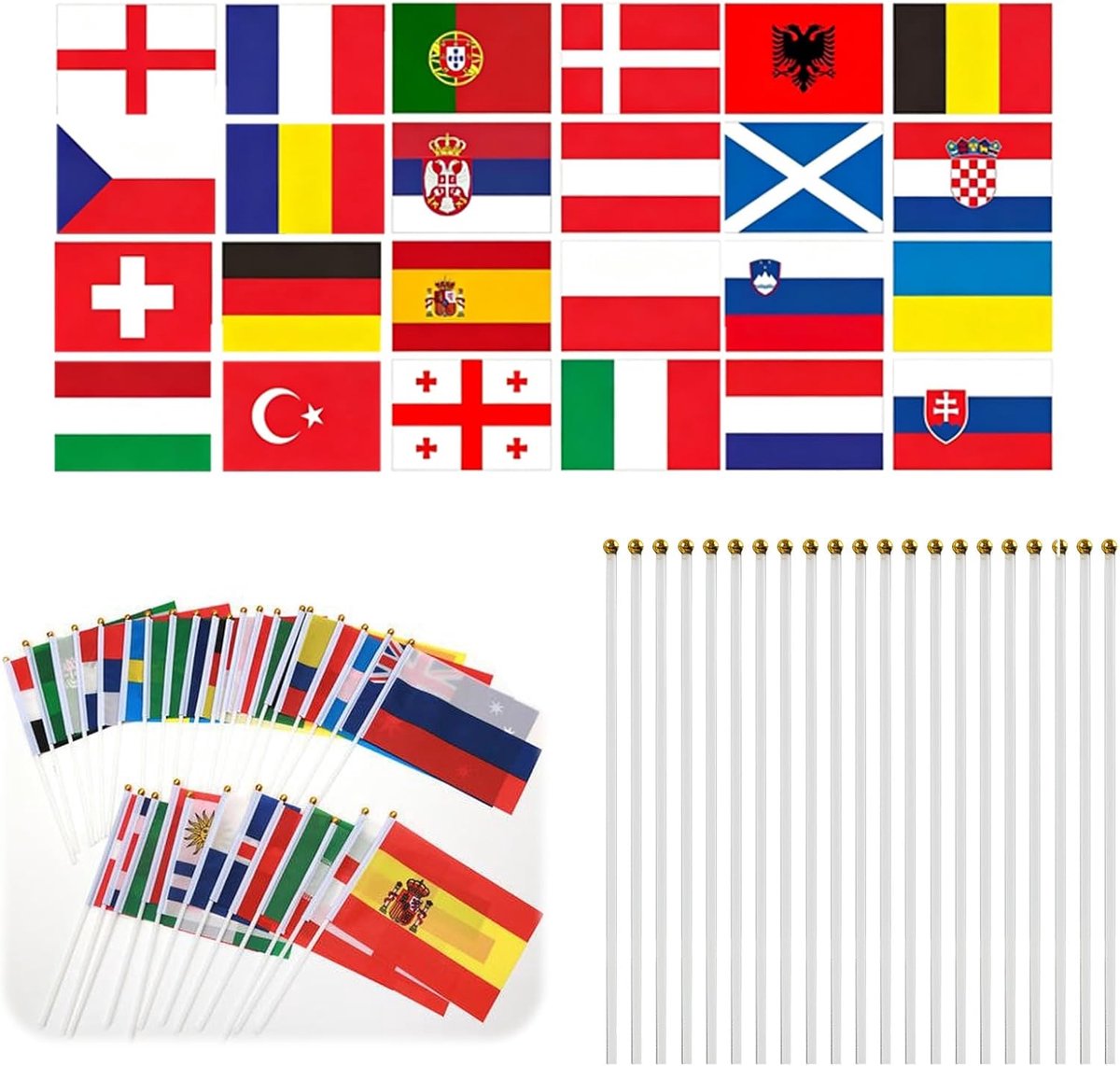 Set van 16 fanvlaggen, handvlaggen met stok, 16 landvlaggen, 14 x 21 cm, voor voetbalfeest, fanzone, decoratie - ShopVlot