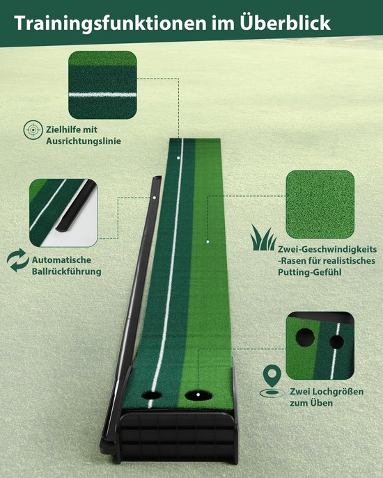 Golf Putting Mat - Oefenmat Golf - Indoor Golf Training - Met Terugloopbaan - 300 cm Lengte - Groen van GOLF — afbeelding 2