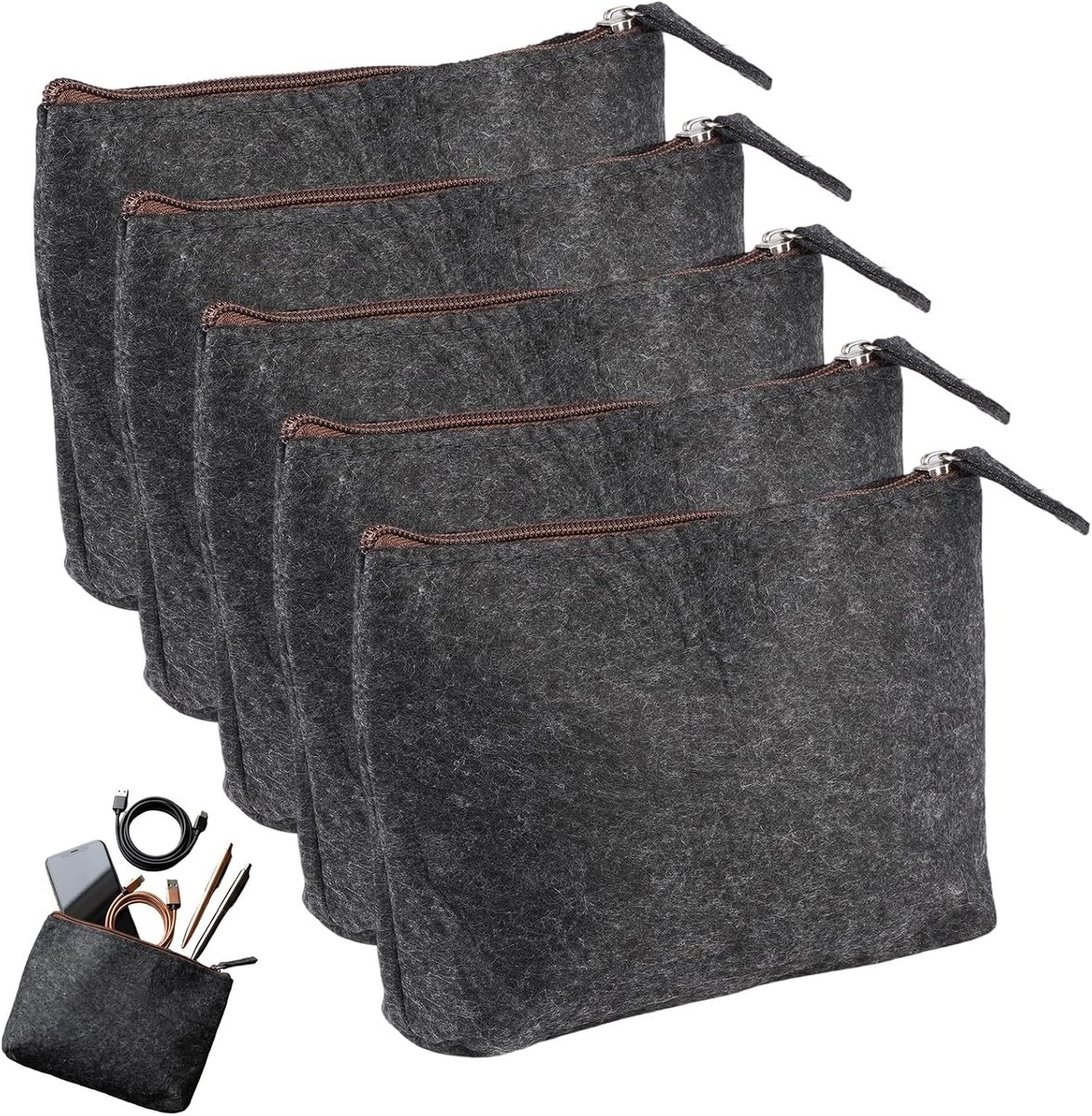Vilten etui 20 x 16 cm - set van 5 - donkergrijs - multifunctioneel voor cosmetica - ShopVlot