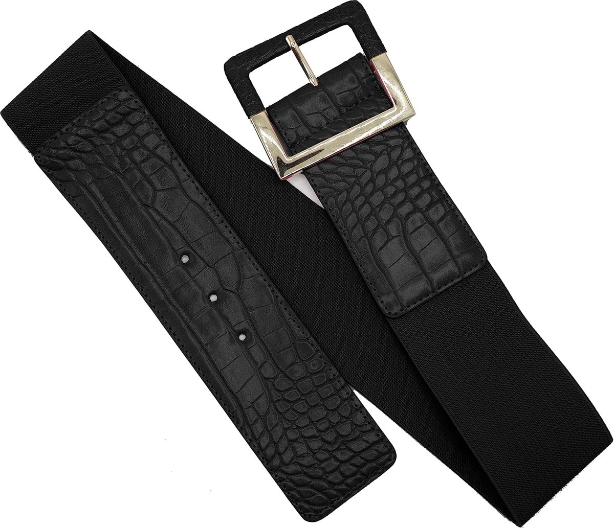 Elastische riem met vierkante metallic gouden gesp 6 cm - zwart - One Size - ideaal voor elke outfit - ShopVlot