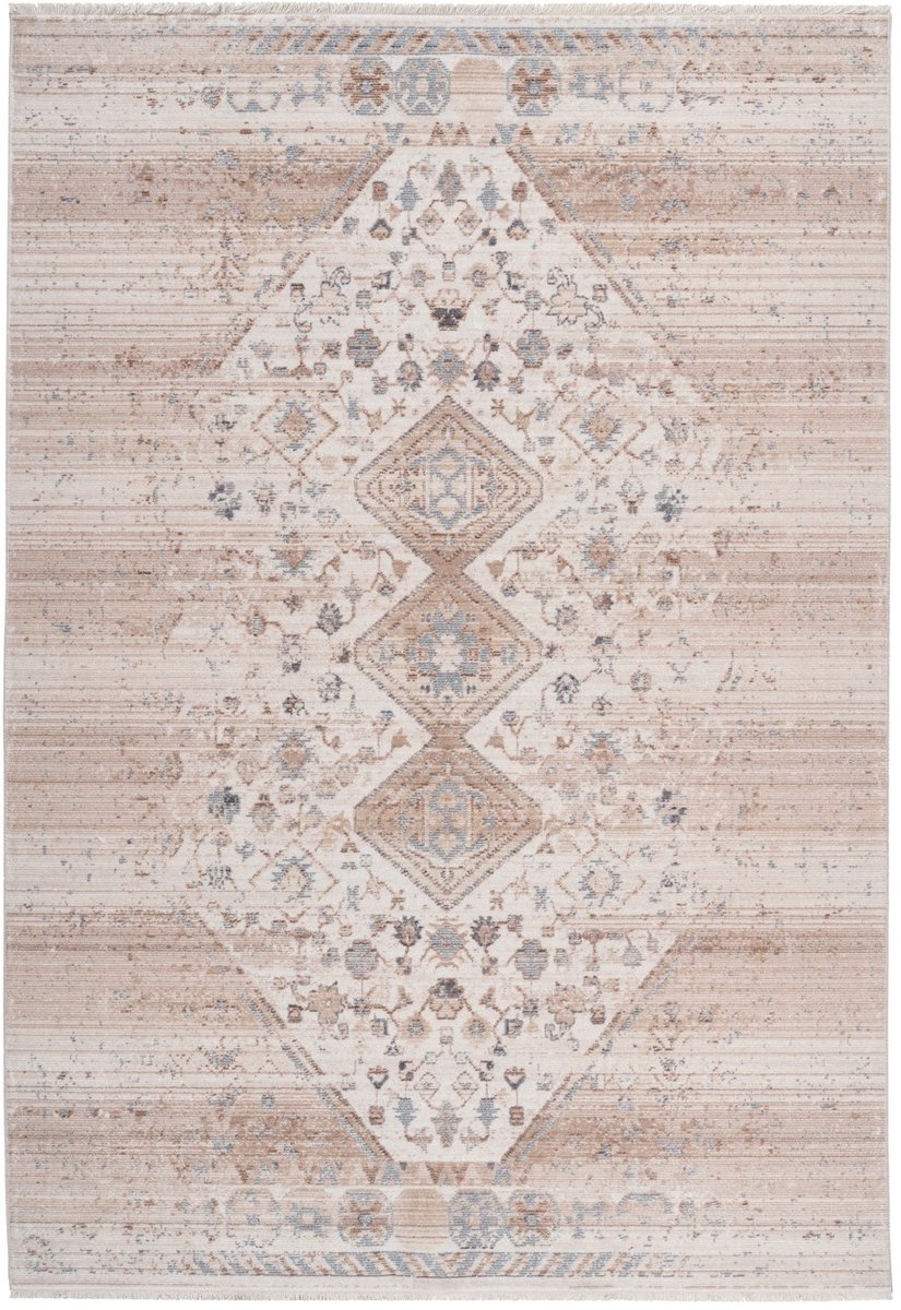 Padiro laagpolig vloerkleed 160 x 230 cm - beige - vintage oosters design - met franjes - geschikt voor vloerverwarming - van polypropyleen