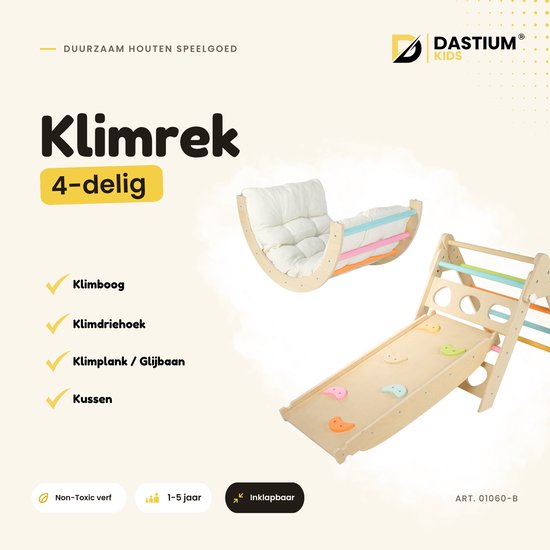 Dastium Kids - Mini Klimrek - Houten Klimrek - Klimboog met Kussen - Klimrek Voor Baby en Peuter - Klimrek met Glijbaan - Montessori Speelgoed - Pastelkleuren van Dastium Kids — afbeelding 2
