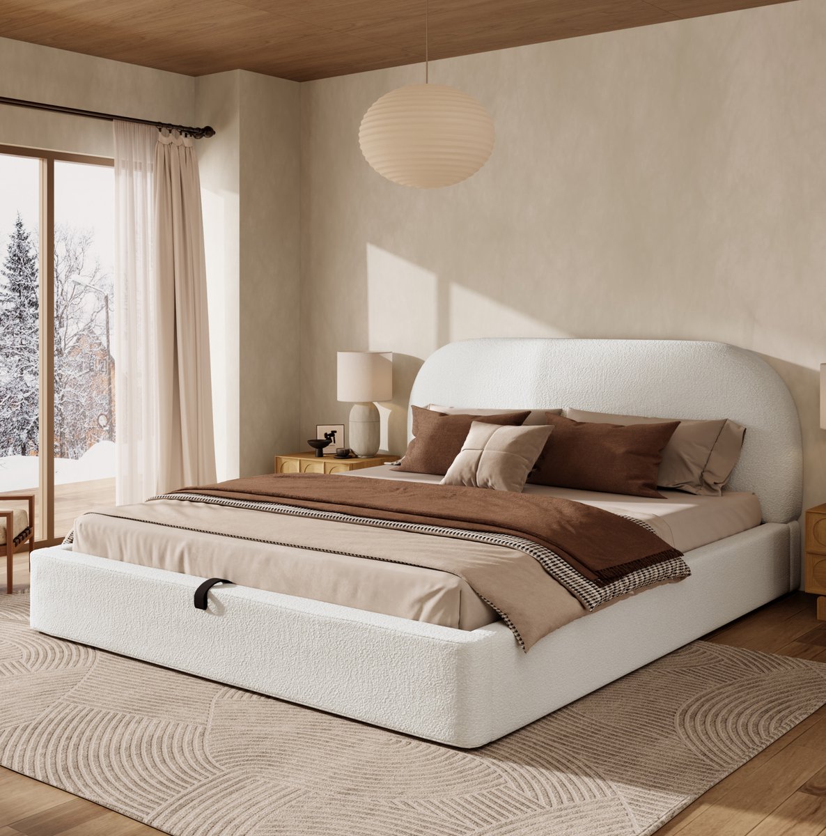 MEUNIQ Tweepersoonsbed 180 x 200 cm met hydraulische opbergruimte, lattenbodem en gevoerd hoofdbord, bouclé stof, beige bed voor slaapkamer