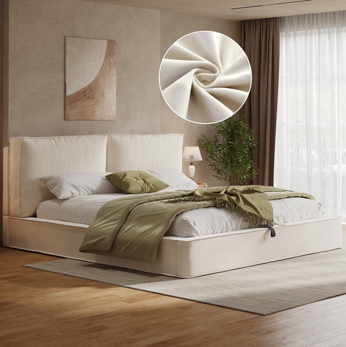 MEUNIQ tweepersoons gestoffeerd bed 180 x 200 cm met hydraulische opbergruimte, lattenbodem, hoog hoofdbord 105 cm, fluwelen bedframe voor slaapkamer, beige