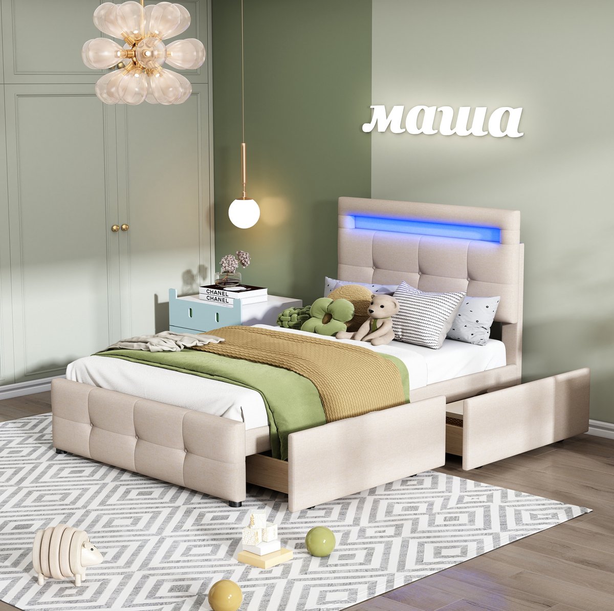 MEUNIQ gestoffeerd eenpersoons bed 90x200 cm met LED-verlichting, 2 lades en lattenbodem, bedframe voor slaapkamer of kinderkamer, beige
