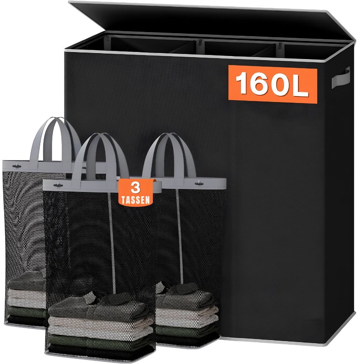 SP® Wasmand - 160L Wasmand 3 Vakken - Wasmand met Deksel - Zwart - 64cm x 36cm x 70cm