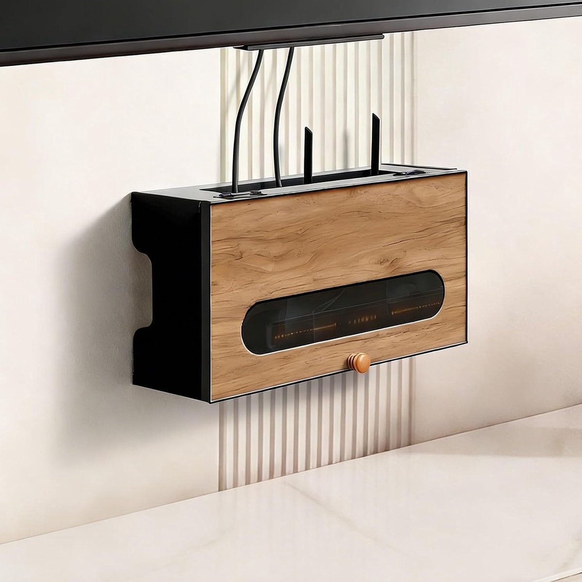 Router Wandhouder - Opbergbox Kastje - Kabel Beheer - Signaalvriendelijk Ontwerp - 60 cm - Walnootlook Zwart