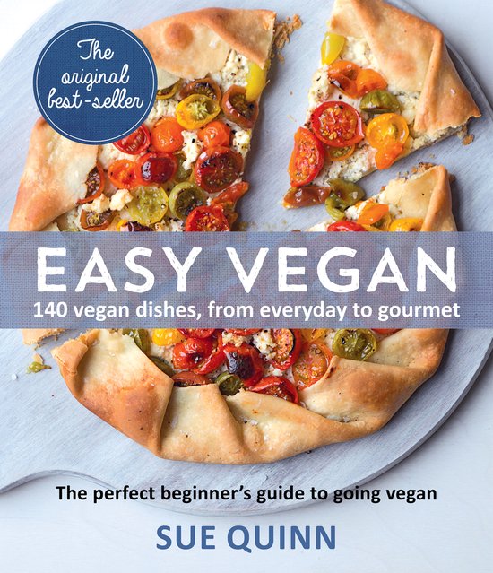 Boekomslag Easy Vegan, met een taart met tomaten en kaas en de tekst "The original best-seller".