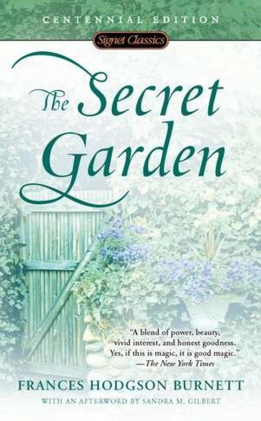 Boekomslag van 'The Secret Garden' met een oude houten poort begroeid met groen en paarse bloemen.