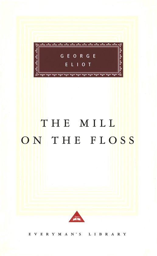 Boek kaft met de titel 'The Mill on the Floss' en 'George Eliot' op een crème achtergrond met witte strepen.
