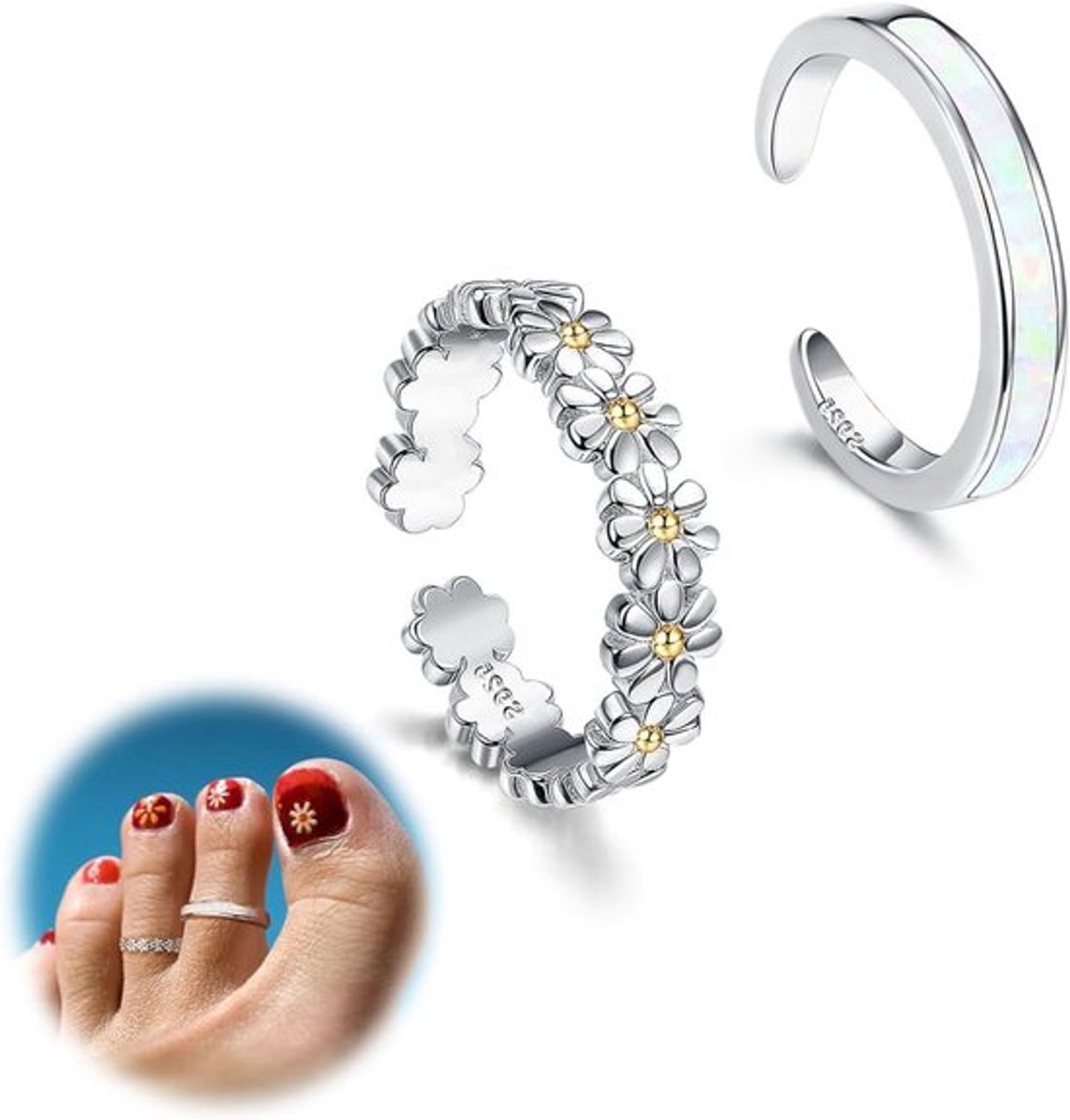 Verstelbare teenring in sterlingzilver met daisy bloem CZ