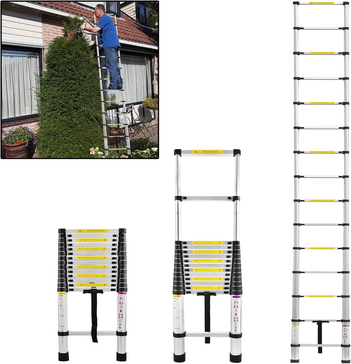 Telescopische ladder - Uitschuifbare ladder - Klusklare hoogte - Veiligheidsvergrendeling - 440 cm - Zwart