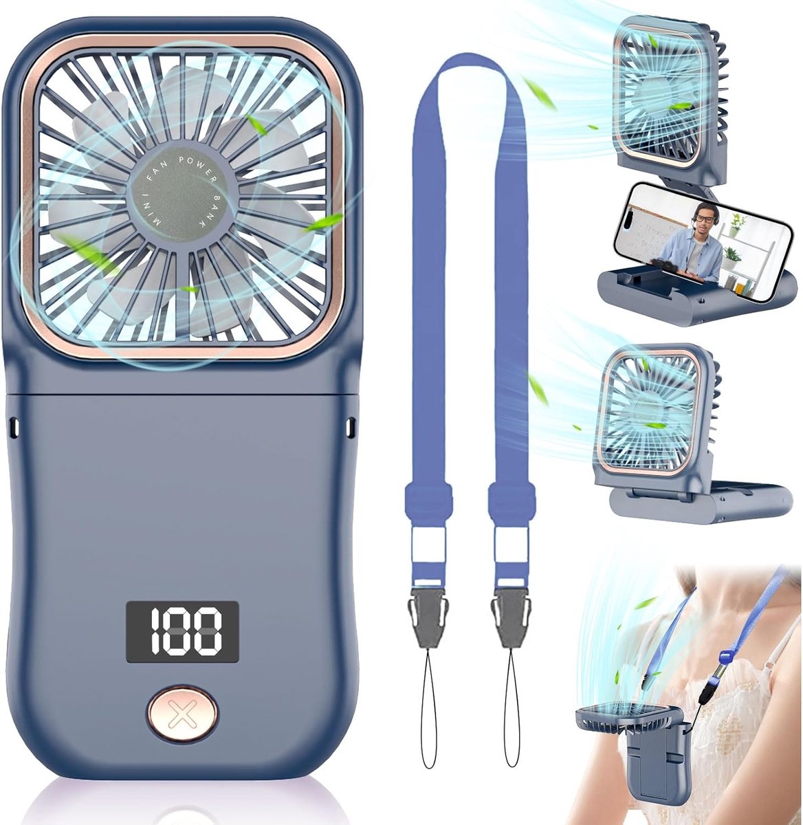 Draagbare Mini Handventilator - 3 Snelheden (180° draaibaar) - 3000mAh LED Display USB-C - Powerbank & Telefoonhouder - voor Kinderen, Reizen, Kantoor - Marineblauw - 1 Stuk