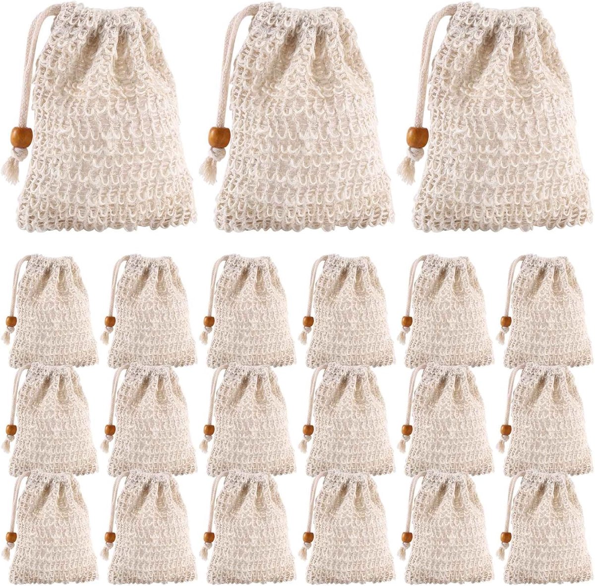 Zeepzakjes Sisal - Scrubzakjes - Zeepresten Opvangen - Trekkoord Sluiting - 40 Stuks - Beige