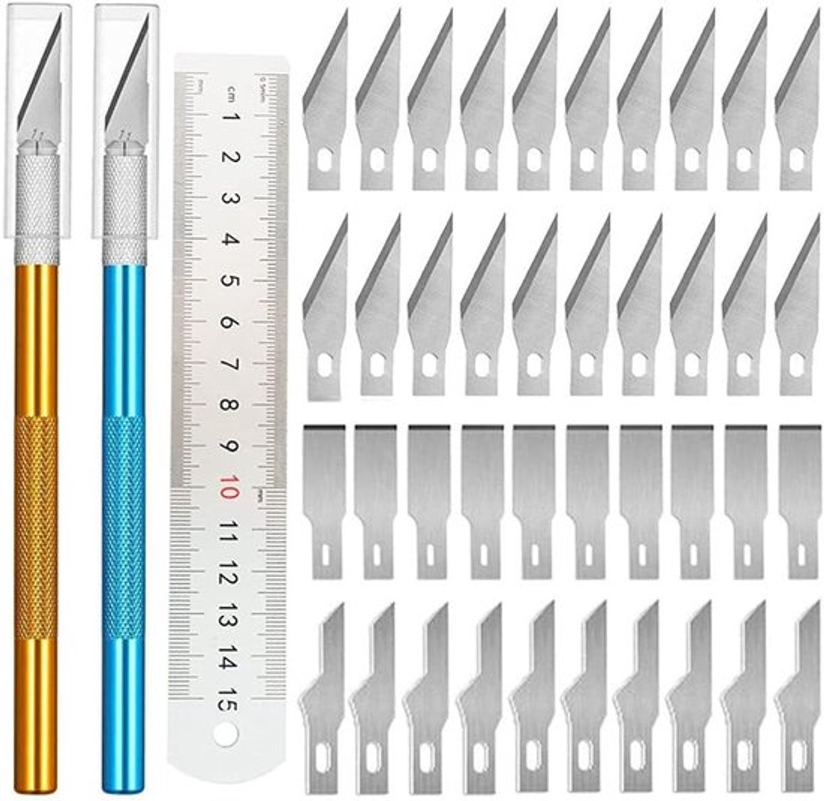 Reservemesjes en liniaal incl. scalpel met 2 handgrepen