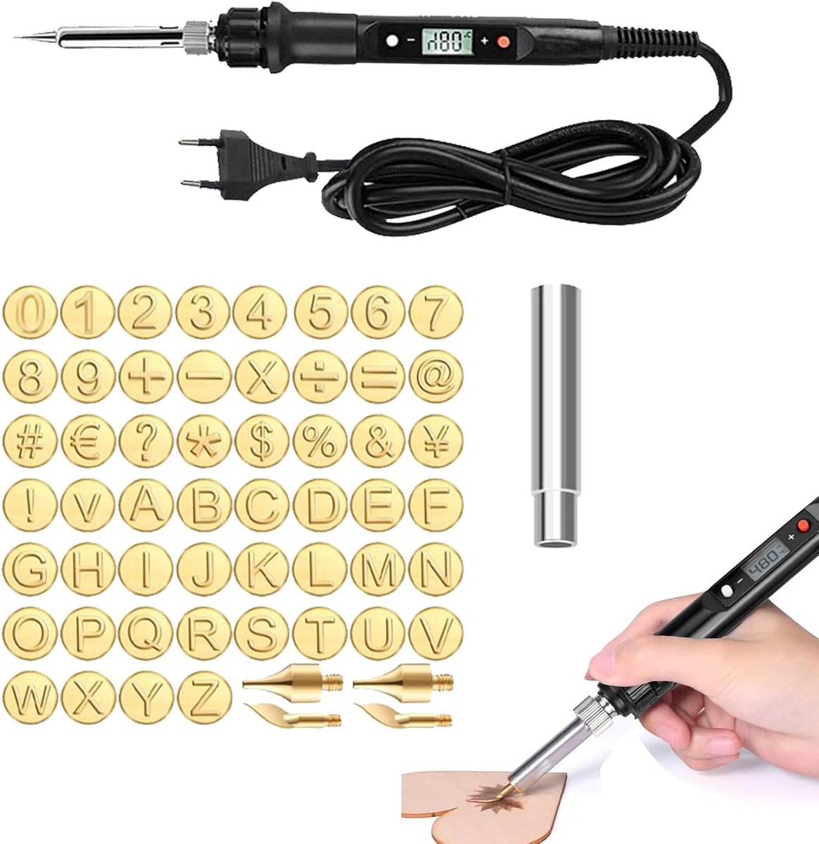Houtbrandgereedschap Set - Letterstempels Gravure - Hout Decoratie - Inclusief Letters Cijfers - 80 Watt - Zilver