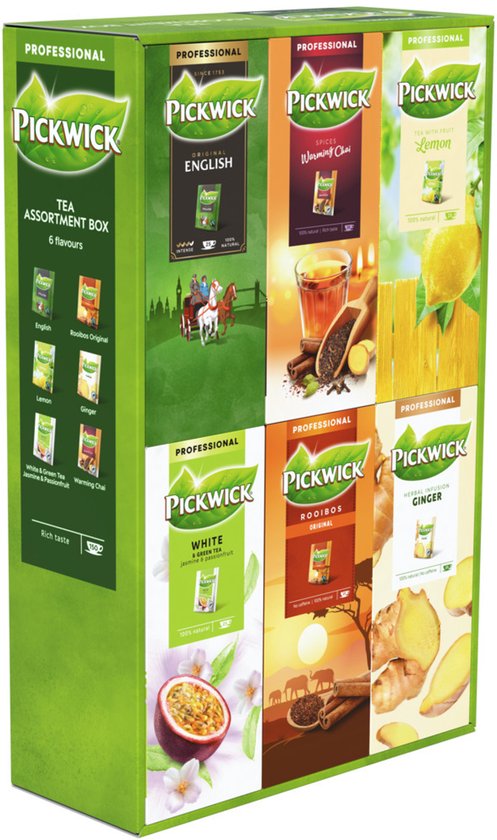 Pickwick thee assortiment box met 6 smaken: English, Rooibos, Ginger, White, Warming Chai en Lemon. Groene doos met afbeeldingen van thee, fruit en paarden.