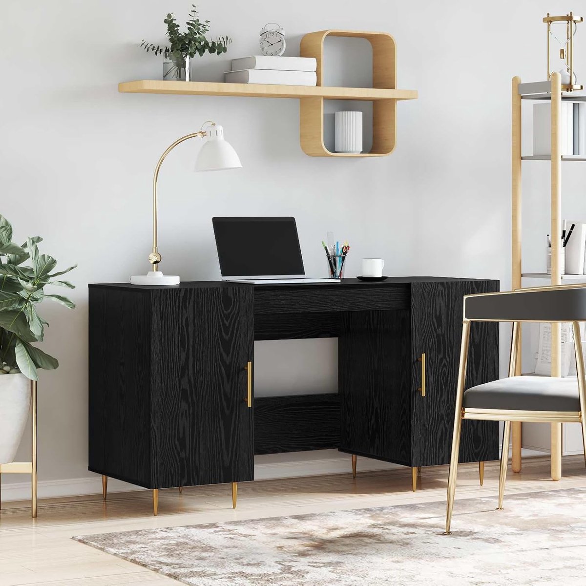 Bureau met opbergruimte - Werkplek thuis - Thuiswerken organiseren - Krasbestendig oppervlak - 140 x 50 cm - Zwart eikenlook