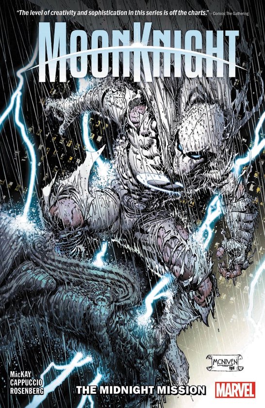 Moon Knight in een wit kostuum met gouden accenten, omringd door bliksem.