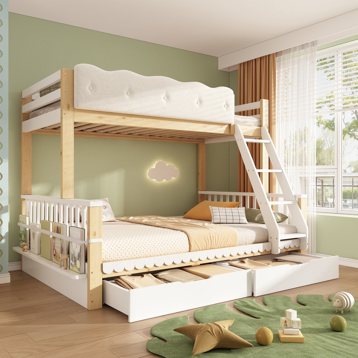 PHOEBE CAT Stapelbed - 90 x 200 + 140 x 200 cm - Met 2 lades - Boekenplank - Veiligheidshekje - Kinderbed - Wit + Naturel