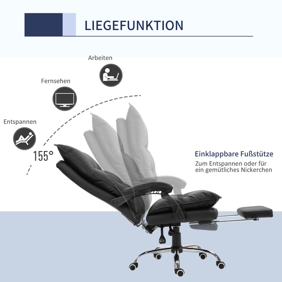 Bureaustoel: ergonomische bureaustoel met armleuningen, voetsteun, in hoogte verstelbare draaistoel van kunstleer, gestoffeerde computerstoel, zwart thumbnail 6