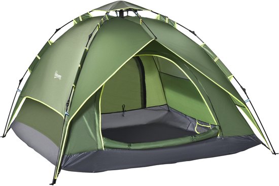 Een open groene koepeltent met grijze onderkant, op een witte achtergrond.