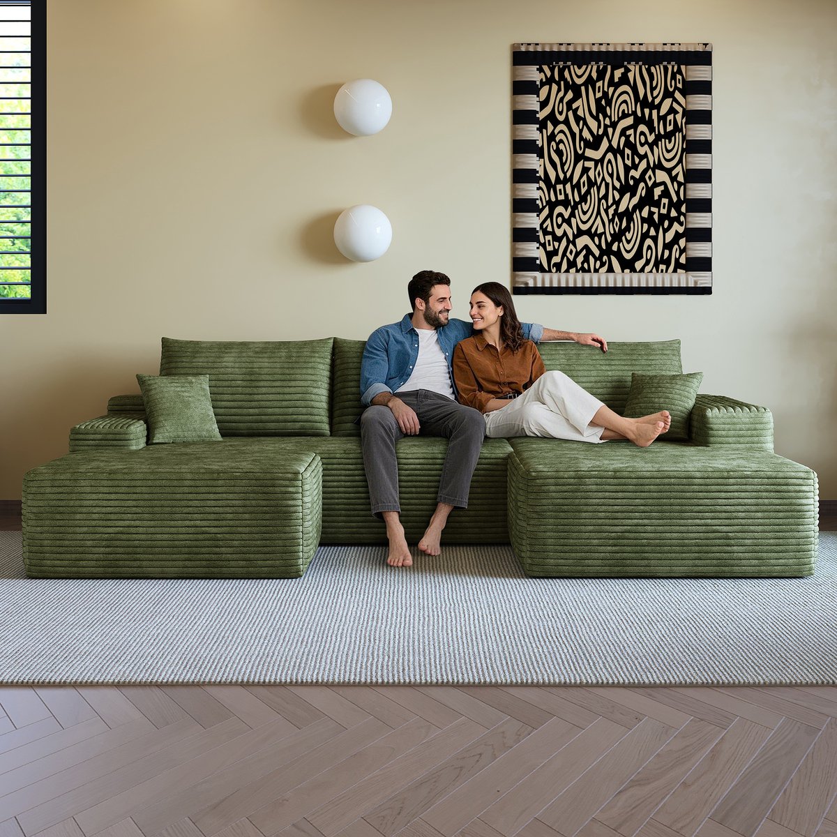 Modulaire Hoekbank - Ribstof L Vorm Lounge Bank Met Chaise Longue - 4 Zits Cloud Sofa Met Diepe Zit - Compact Verpakt Zonder Montage - Comfortabele Bank Voor Woonkamer, Slaapkamer En Appartement - Groen