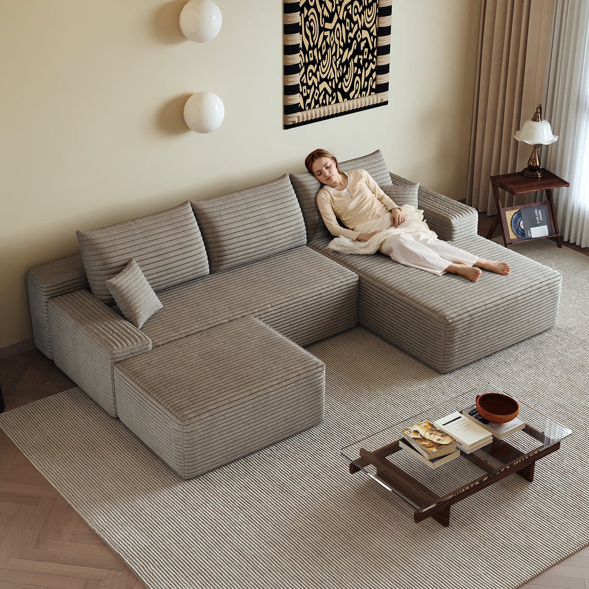 L-Vormige Modulaire Bank - 4 Persoons Cloud Sofa Met Chaise Longue - Frameloze Hoekbank Met Hoge Veerkracht Schuim - Zachte Lounge Sofa Voor Woonkamer Appartement - Camel