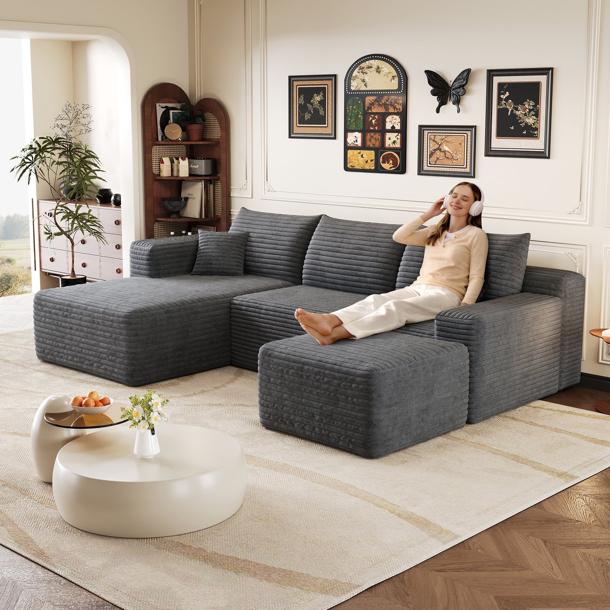 Lounge Hoekbank - Moderne Cloud Sofa Met Ribstof Bekleding - 4-Zits Modulaire Bank Met Diepe Zitplaats Voor Woonkamer - Donkergrijs